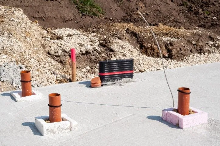 Concrete foundation with pipes and string line marking, construction site in Benton, Arkansas